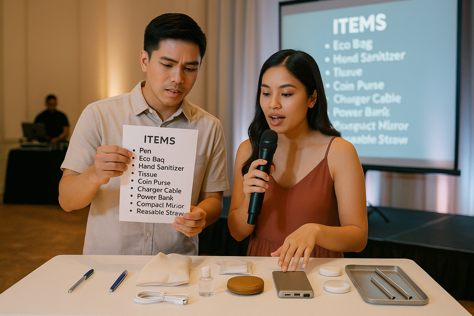 Couple checks a Bring Me item list beside a neat display of safe family friendly objects