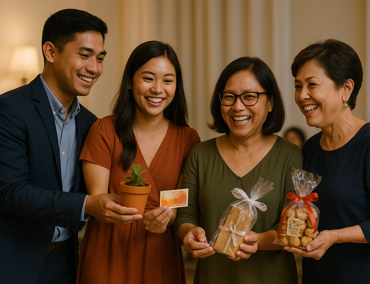 Young Filipino couple awarding mini plants candles and treats to smiling Bring Me winners