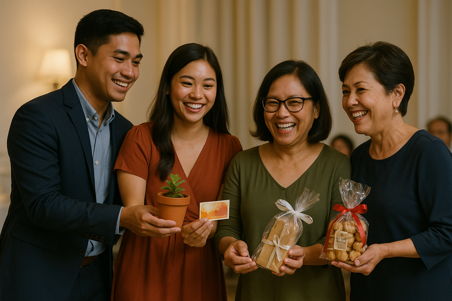 Young Filipino couple awarding mini plants candles and treats to smiling Bring Me winners