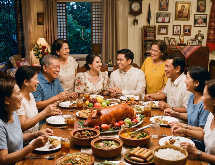 Two Filipino families gather around a dining table during a pamamanhikan, sharing a warm meal with lechon in a traditional home setting.