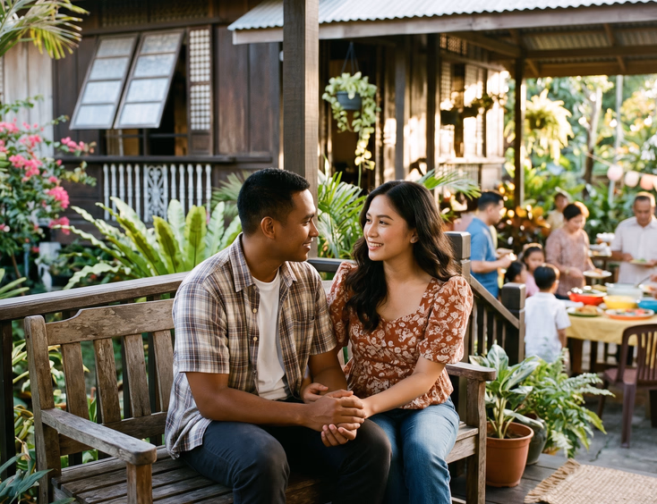 A young Filipino couple sits close on a porch, talking privately and aligning before a family gathering in the soft afternoon light.