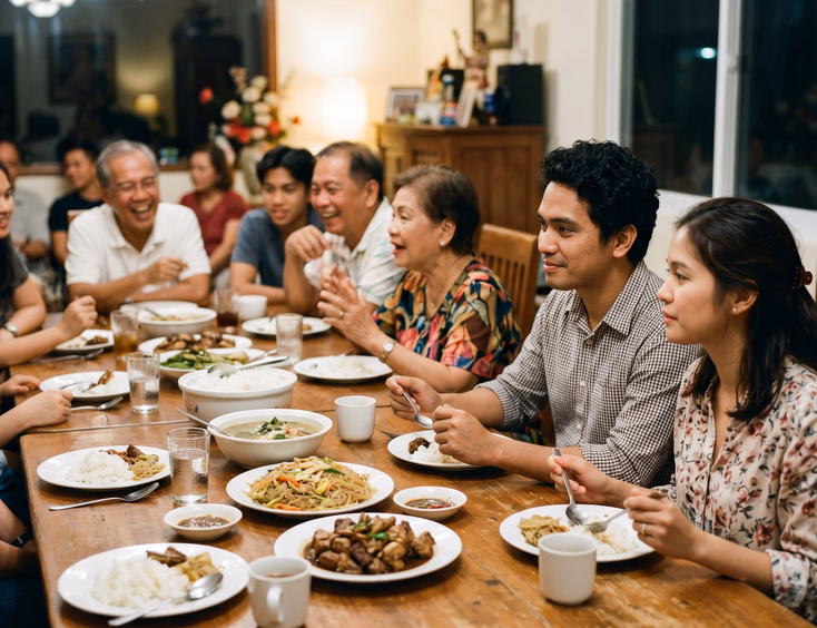 A Filipino couple at a family dinner attentively reads the room, waiting for the right moment to speak as elders discuss practical matters.