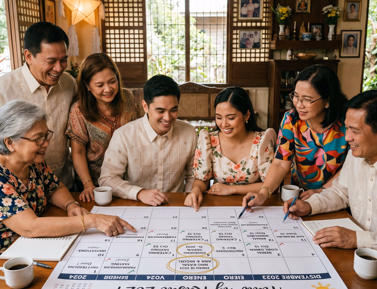 A Filipino couple and both families gather around a wedding calendar, planning steps marked before the big date in a collaborative mood.