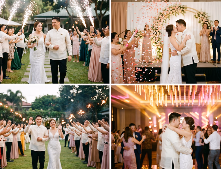 Four fireworks alternatives at a Filipino wedding reception: cold sparkler tunnel, confetti cannon, wire sparklers, and LED dance floor.