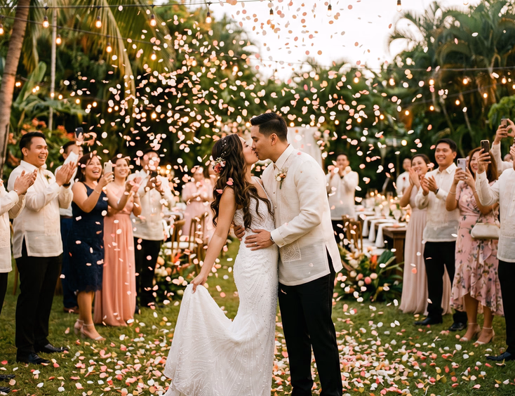 Filipino bride and groom kiss as pink and gold confetti from cannons surrounds them at a garden wedding reception.