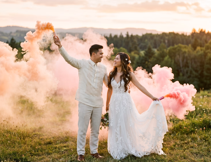 Filipino bride and groom hold pink and peach colored smoke bombs at a golden hour outdoor photoshoot.