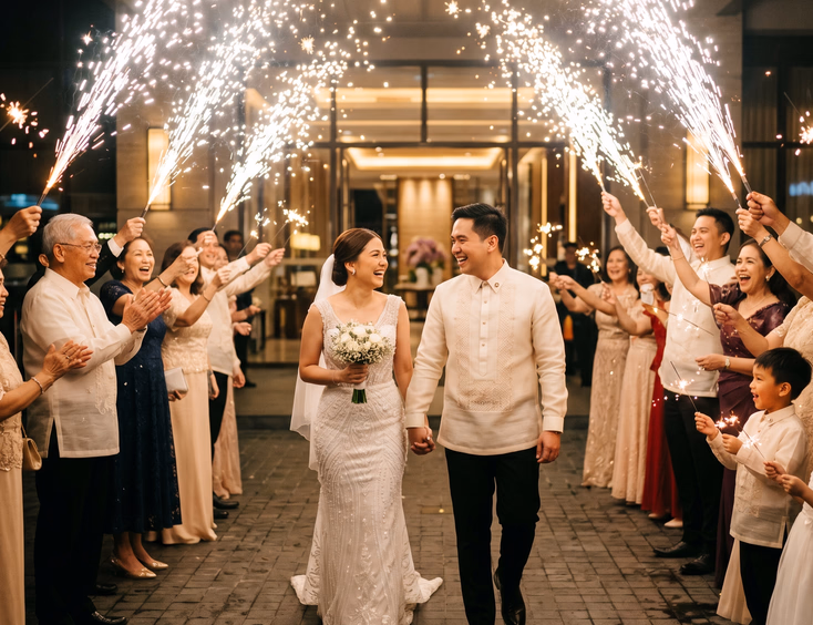 Intimate cold sparkler tunnel exit with family for a Filipino bride and groom outside a Metro Manila hotel at night.