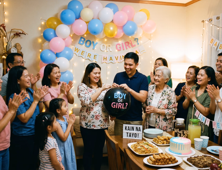 Create an image of a Filipino couple at a cheerful budget-friendly gender reveal at home, a simple DIY balloon cluster and a merienda spread on the dining table, relatives smiling around them, cozy warm light, festive homey mood, 13:10 landscape aspect ratio.