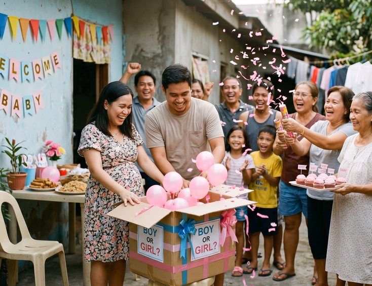 Create an image of a Filipino family doing a low-cost gender reveal, the couple opening a taped balloon box while relatives hold confetti poppers and tinted cupcakes, simple home setup, lively happy moment, soft daylight, 13:10 landscape aspect ratio.