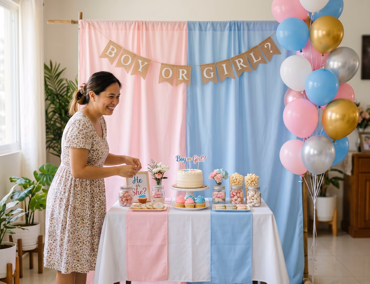 Create an image of a Filipino mother styling a budget gender reveal corner, one balloon cluster and a simple fabric backdrop in two colors behind a small dessert table, tidy clean setup that looks fuller than it cost, bright daylight, 13:10 landscape aspect ratio.