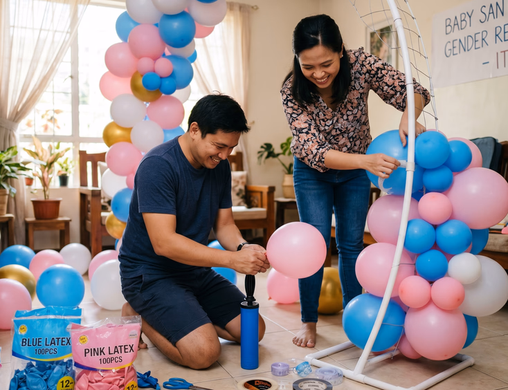 Create an image of a Filipino couple building a DIY gender reveal balloon arch at home, using a hand pump and double-sided tape with bags of balloons around them, focused hands-on mood, afternoon light, 13:10 landscape aspect ratio.