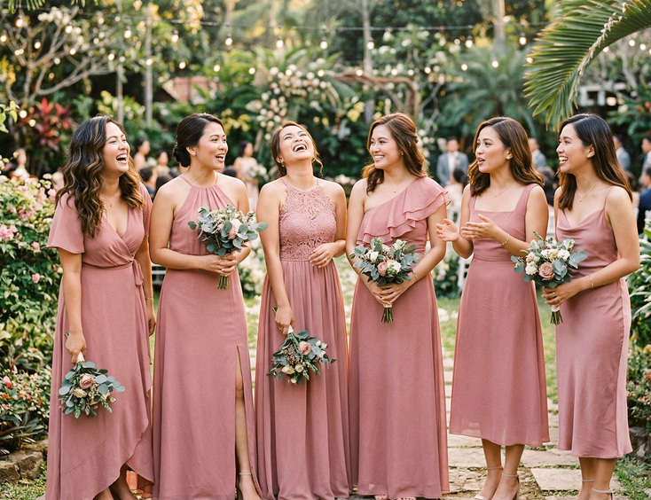 Six Filipino bridesmaids in mismatched dusty rose dresses laughing together at an outdoor garden wedding venue with lush greenery in soft afternoon light