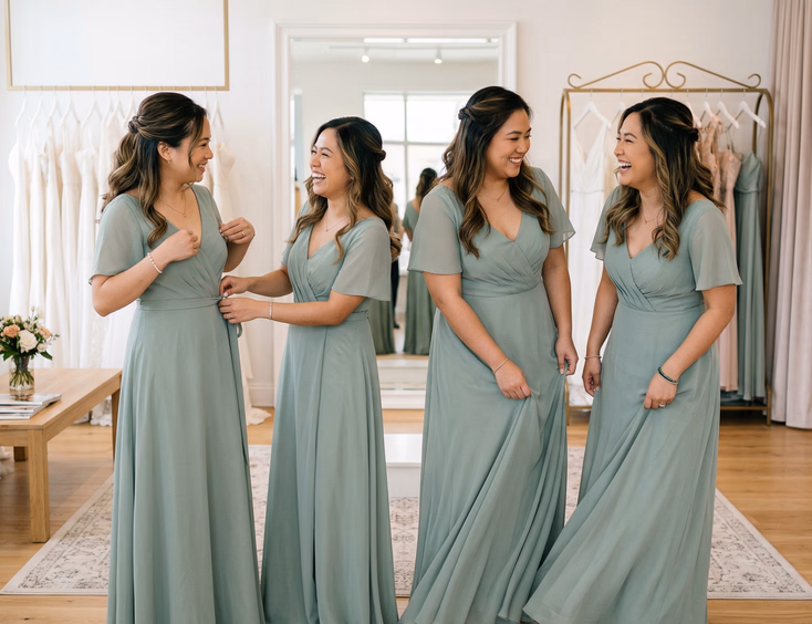 Four Filipino women trying on the same sage green bridesmaid dress in different sizes inside a bright bridal shop smiling and adjusting the fabric
