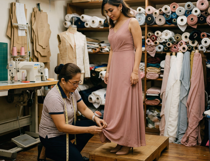 Filipino seamstress pinning the hem of a dusty rose bridesmaid dress in a small tailoring studio with fabric rolls and a sewing machine in the background