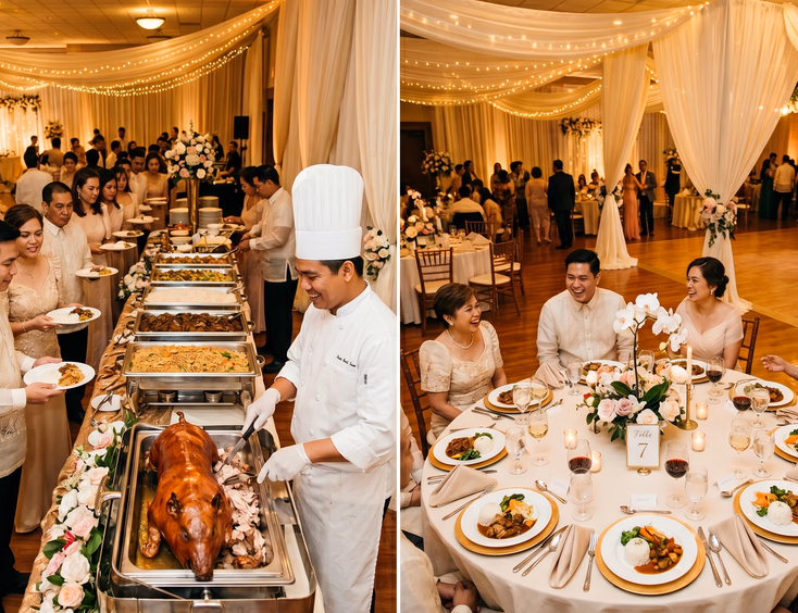 Filipino wedding reception hall showing a buffet line with a lechon carving station and server on the left and formally dressed guests seated at a plated dinner table on the right under warm string lights