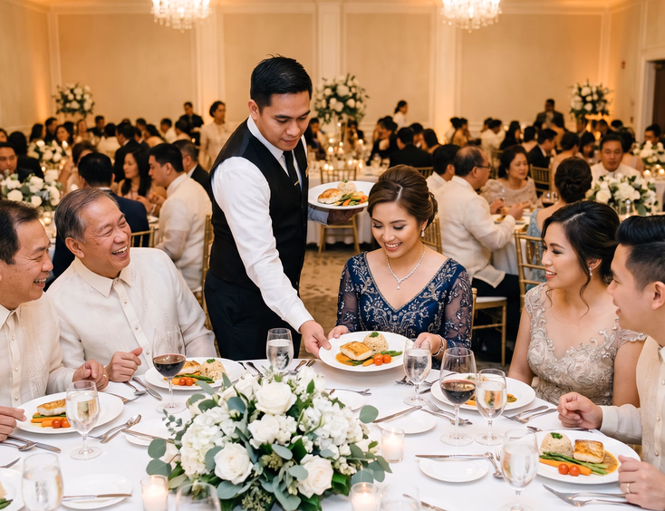 Filipino server in a black vest placing a composed plate of pan-seared fish, garlic rice, and grilled vegetables in front of a seated guest at an elegantly set round table in a banquet hall