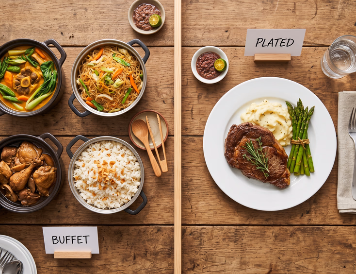 Overhead flat lay comparing a buffet spread of kare-kare, pancit, adobo, and garlic rice on the left and a single composed plated steak dinner on the right divided by a wooden center divider