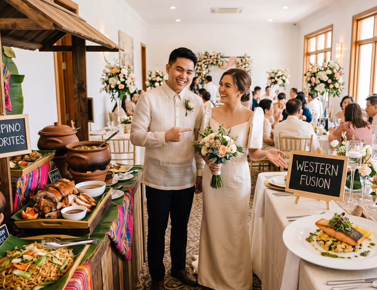 Filipino couple standing between a banana leaf-lined Filipino Favorites buffet station and a Western Fusion plated salmon station at a wedding venue, the groom pointing at the Filipino side and the bride gesturing toward the plated setup