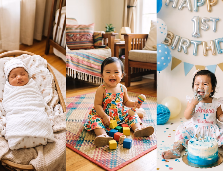 A Filipino baby's first-year journey across three stages: a sleepy swaddled newborn, a sitting six-month-old, and a joyful one-year-old at a cake smash.