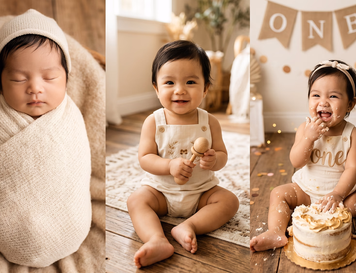 Three side-by-side portraits in matching warm tones showing a Filipino swaddled newborn, a sitting baby, and a birthday cake smash.