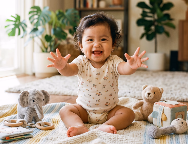 A smiling six-month-old Filipino baby sits confidently on a soft blanket surrounded by gentle props in warm, soft natural daylight.
