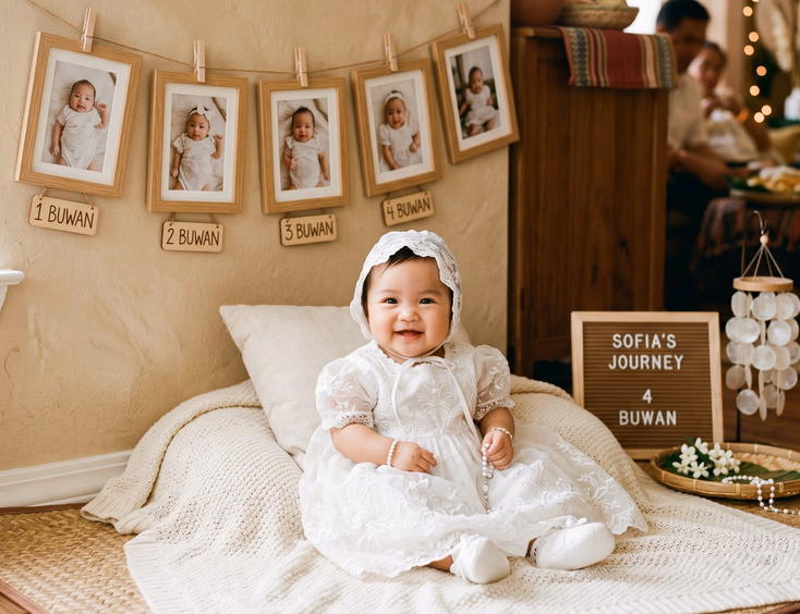 A Filipino baby in a white baptismal gown is pictured next to a row of simple monthly milestone photos in a warm, soft home setting.