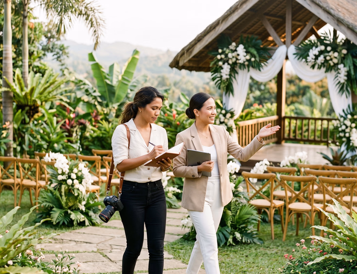 Filipino wedding photographer conducting a site visit with an events manager at a Tagaytay garden venue.