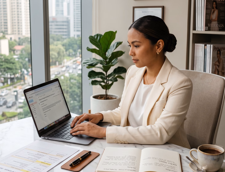 Filipino wedding coordinator in her Makati office emailing a hotel events manager.