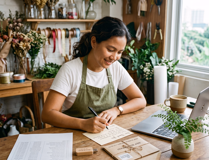 Filipino wedding florist in her Pasig studio writing a thank-you note to a venue manager.