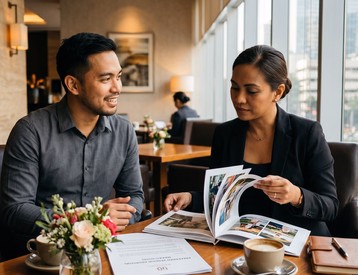 Filipino wedding videographer meeting with a hotel events manager for preferred vendor consideration in Makati.