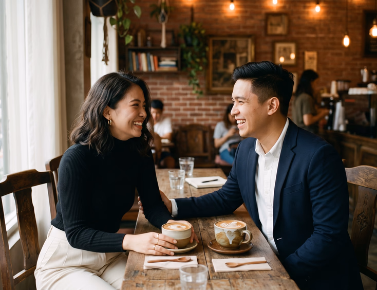 Filipino couple sharing a candid moment in a moody indie cafe with Edison bulb lighting for a contemporary prenup shoot.