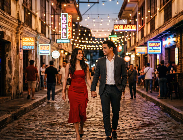 Filipino couple walking hand in hand through Poblacion street at dusk with neon signs during an editorial prenup shoot.