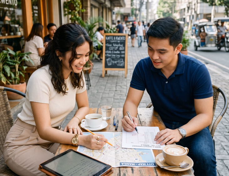 Filipino couple reviewing a shoot schedule and map at an urban sidewalk cafe while planning their prenup.