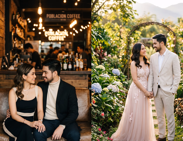 Split composition showing a Filipino couple in a moody Poblacion cafe and a lush Tagaytay garden for their prenup shoot.