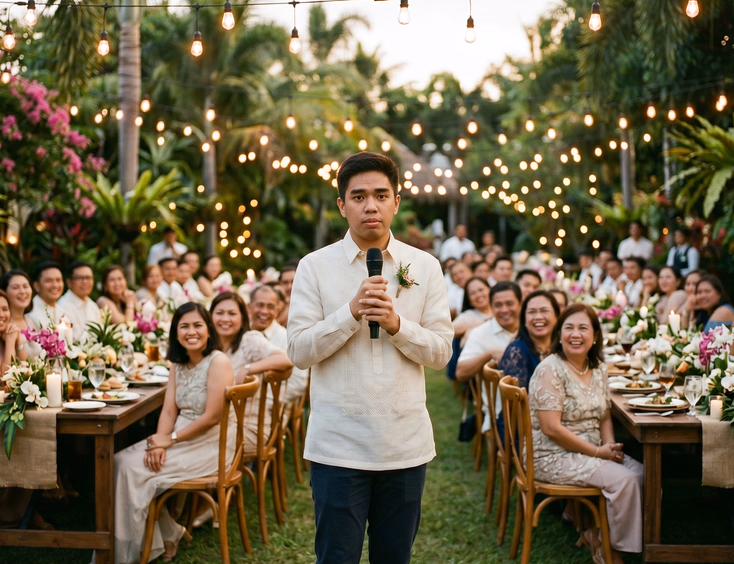 Young Filipino male nervously hosting small outdoor wedding reception with wireless microphone before smiling guests at long wooden tables in tropical garden at golden hour