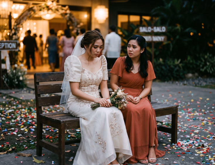 Filipino bride sitting disappointedly with her best friend on a bench outside the reception venue after the wedding in dim evening light