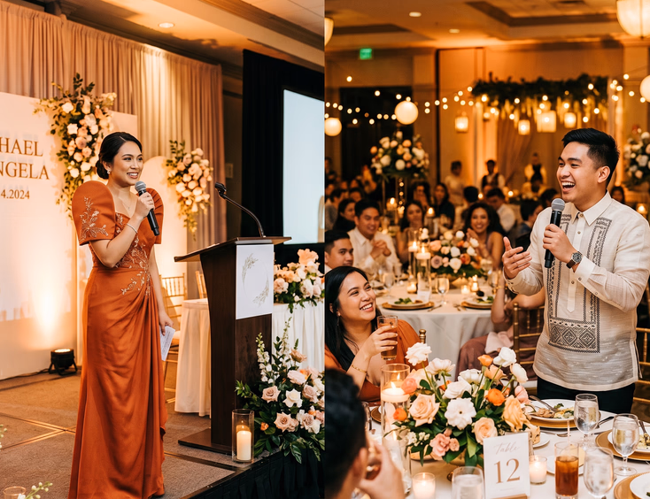 Split scene comparing Filipina professional emcee at stage podium and young Filipino male friend delivering personal toast at guest table during wedding reception