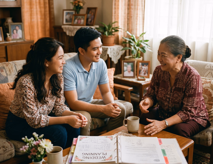 Filipino couple having warm conversation with older Filipina woman over open wedding planning binder in softly lit living room