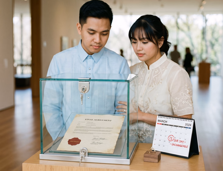 A young Filipino couple looks at a document sealed in a locked glass case, symbolizing an irrevocable decision, with a wedding ring nearby.