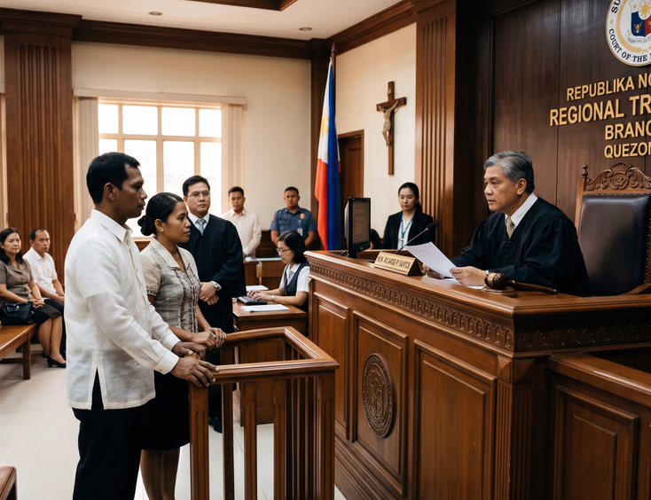 A Filipino couple stands formally before a judge within a Philippine courtroom to legally change their existing property arrangement.