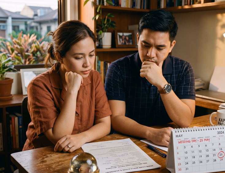 A Filipino couple sits thoughtfully at a desk in their home office, weighing a heavy decision regarding an important document and wedding date.
