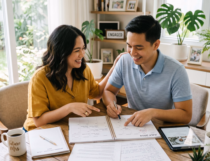 An engaged Filipino couple has a relaxed discussion about pre-wedding documents and planning with an open calendar in their bright modern home.