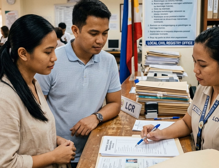 Filipino couple submitting marriage license documents at a Local Civil Registrar counter with an LCR clerk reviewing their requirements checklist.
