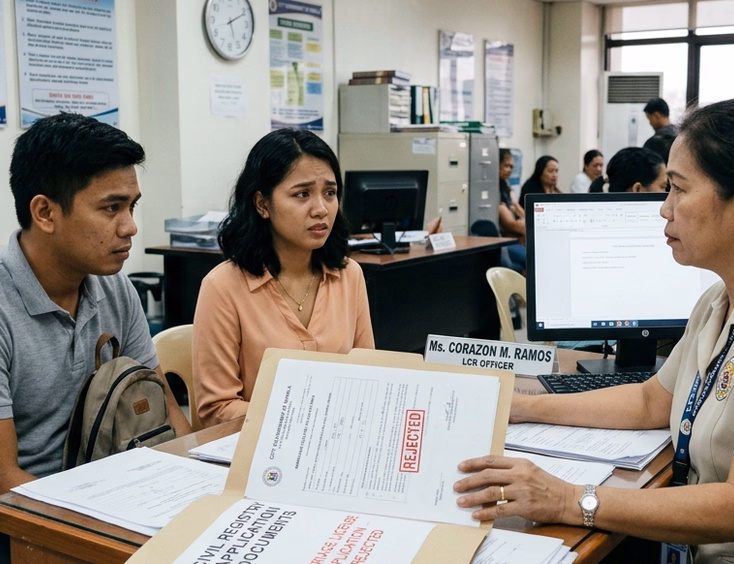 Filipino couple receiving a document rejection from an LCR officer at a Philippine government office in the late afternoon.