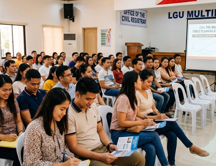 Filipino couples attending a civil pre-marriage seminar on family planning led by a facilitator in a Philippine LGU multipurpose hall.