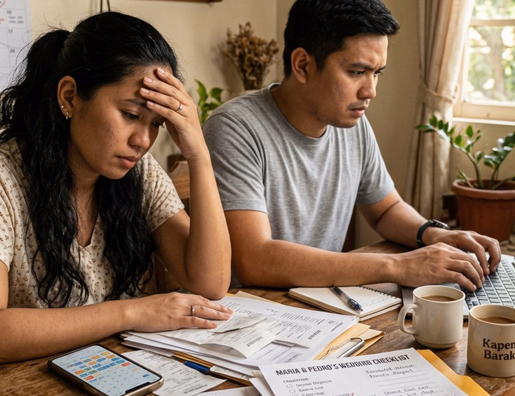Filipino couple stressed over wedding planning documents and calendar at home while reviewing marriage license requirements.