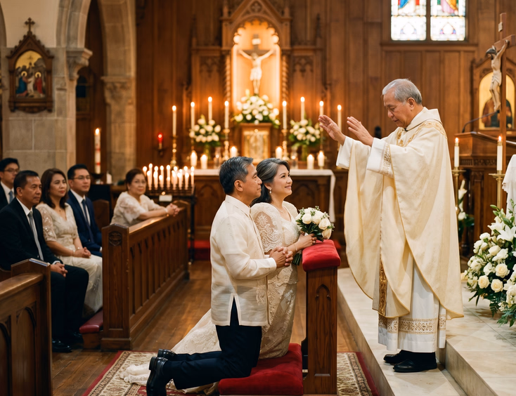 Filipino couple in their 50s kneeling for a priestly blessing at a Catholic church altar.