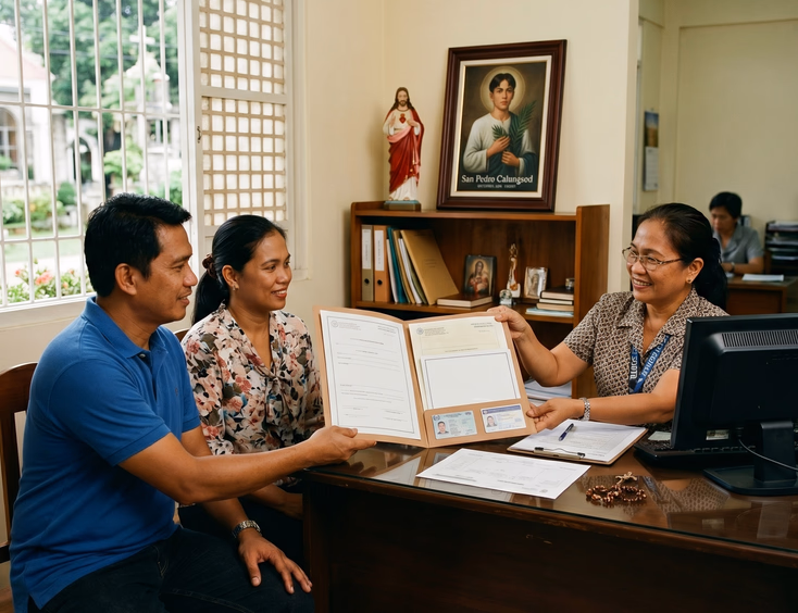 Filipino couple in their 40s submitting documents to a parish secretary in a church office.