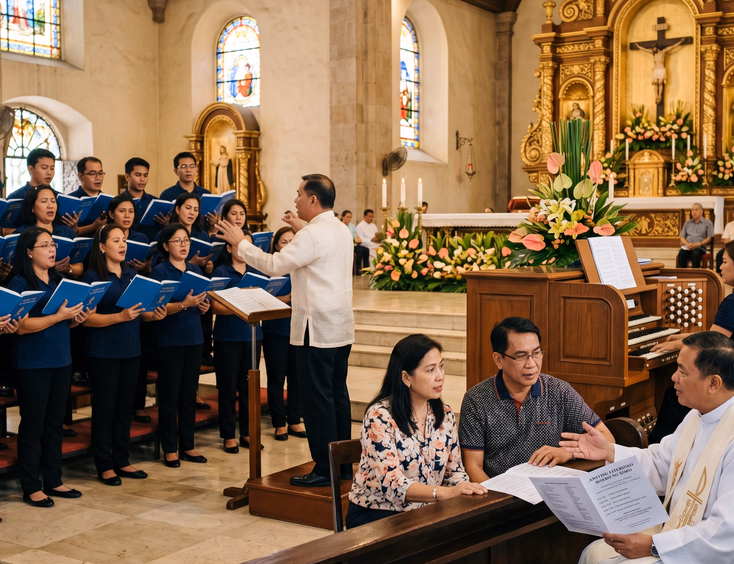 Filipino church choir rehearsing inside a Catholic church as a couple and priest discuss music.
