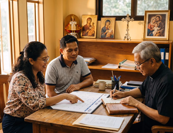 Filipino couple in their 40s planning a wedding date with a parish priest in an office.